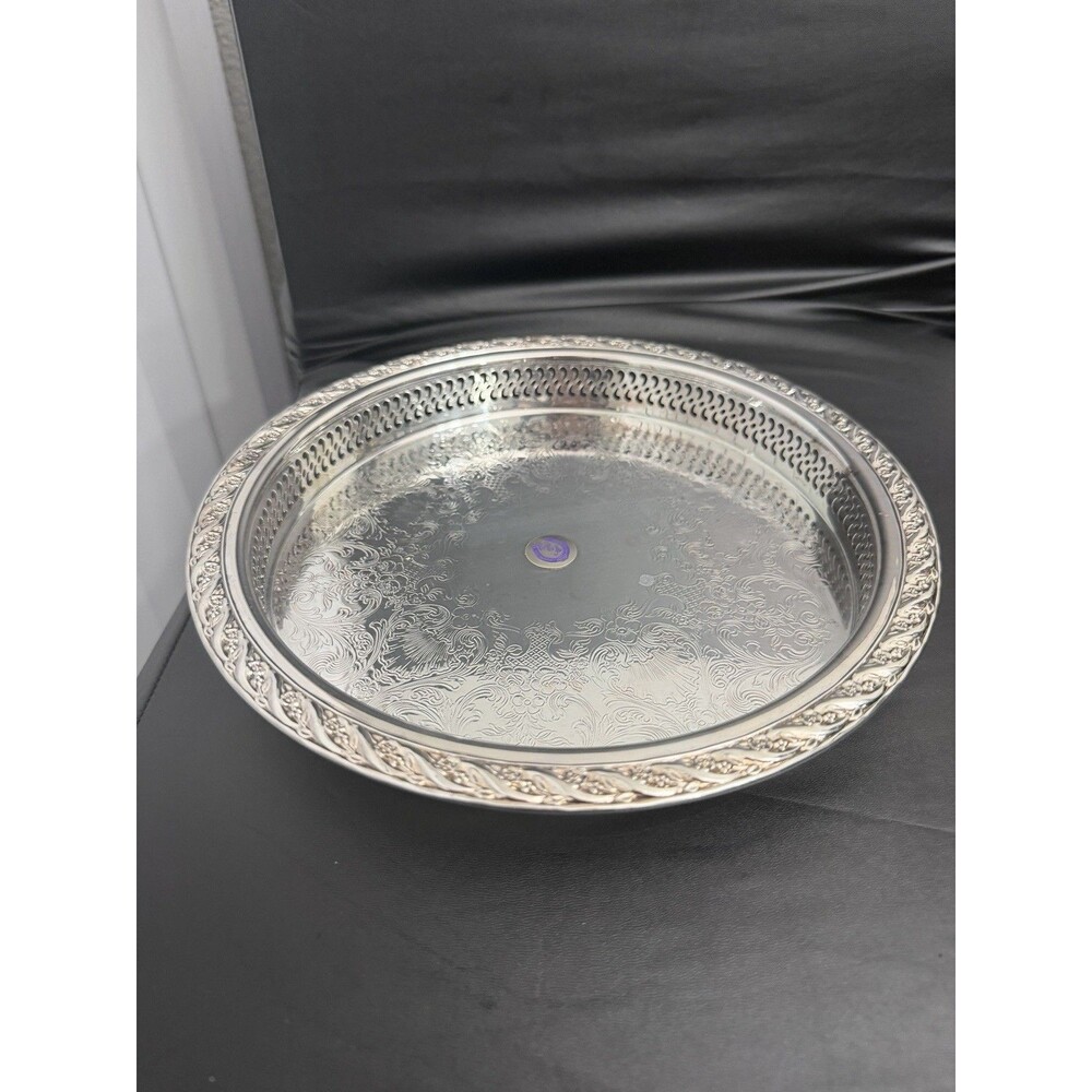 Vintage Silverplate Pierced Tray 12” – Ornate Openwork Rim Serving Tray